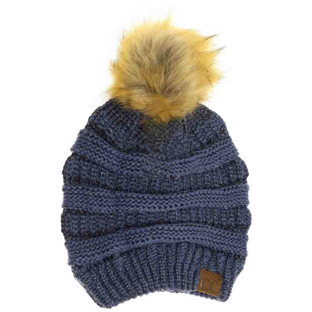 Dark-Denim- Metallic Fur Pom CC Beanie combines premium craftsmanship with modern aesthetics, featuring a metallic-threaded knit that adds subtle shimmer and a high-quality faux fur pom for a refined finish. Engineered to provide superior warmth and comfort, this beanie ensures a snug fit and durability, making it an essential accessory for cold-weather attire that balances functionality with sophisticated style. 