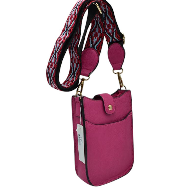 Vegan Leather Crossbody Bag with Adjustable Guitar Straps - Dark Fuchsia - Crossbody Bags