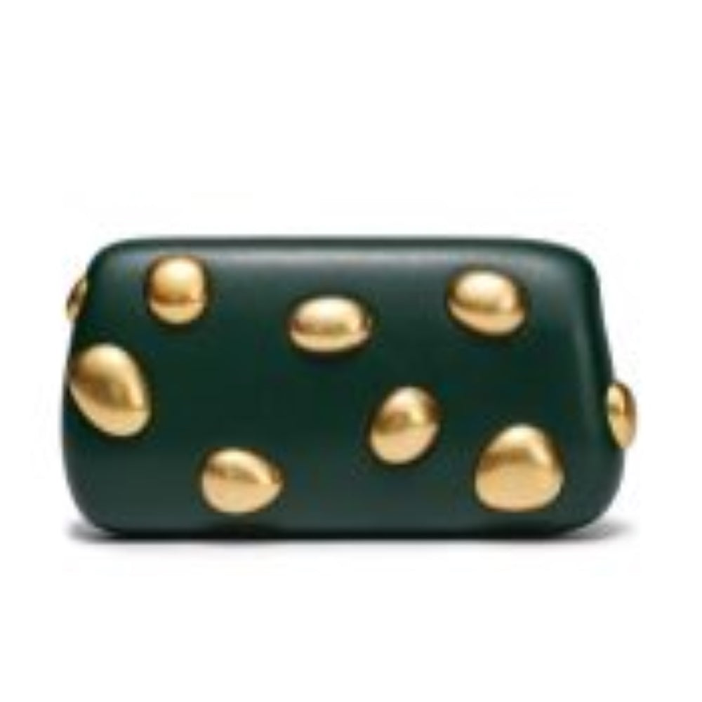 Dark-Green This structured clutch bag features an elongated, smooth silhouette with softly rounded corners, making it a distinctive accessory for everyday styling. The exterior design is adorned with scattered, three-dimensional metallic embellishments shaped like organic pebbles that add a bold, tactile element to the smooth surface. Crafted as a sleek, strapless handheld piece, it encloses a single internal storage compartment with a seamless top closure for a clean and minimalist presentation.