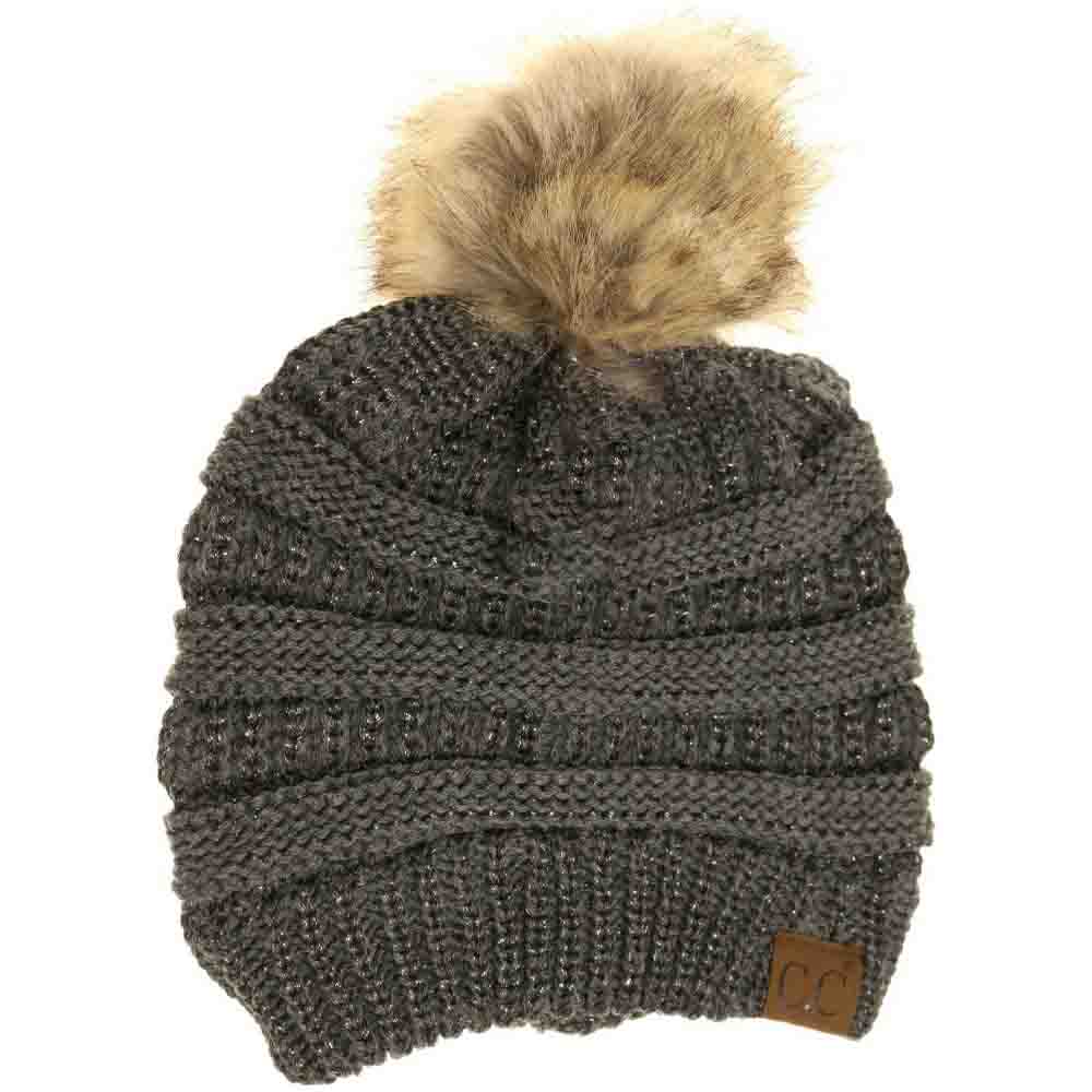 Dark-Grey Metallic Fur Pom CC Beanie combines premium craftsmanship with modern aesthetics, featuring a metallic-threaded knit that adds subtle shimmer and a high-quality faux fur pom for a refined finish. Engineered to provide superior warmth and comfort, this beanie ensures a snug fit and durability, making it an essential accessory for cold-weather attire that balances functionality with sophisticated style. 