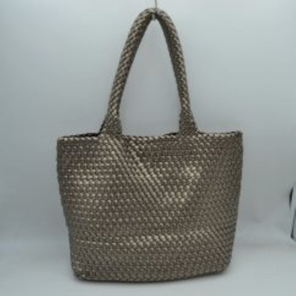 Dark-Silver This structured tote bag features an intricate basket-weave design across its body and integrated shoulder straps, creating a textured look suitable for everyday use. The main storage compartment offers a wide, open-top design for easy access to daily essentials. Accompanying the larger bag is a matching smaller pouch with a distinct woven exterior pattern and a secure gold-tone top zipper closure to keep smaller items organized.