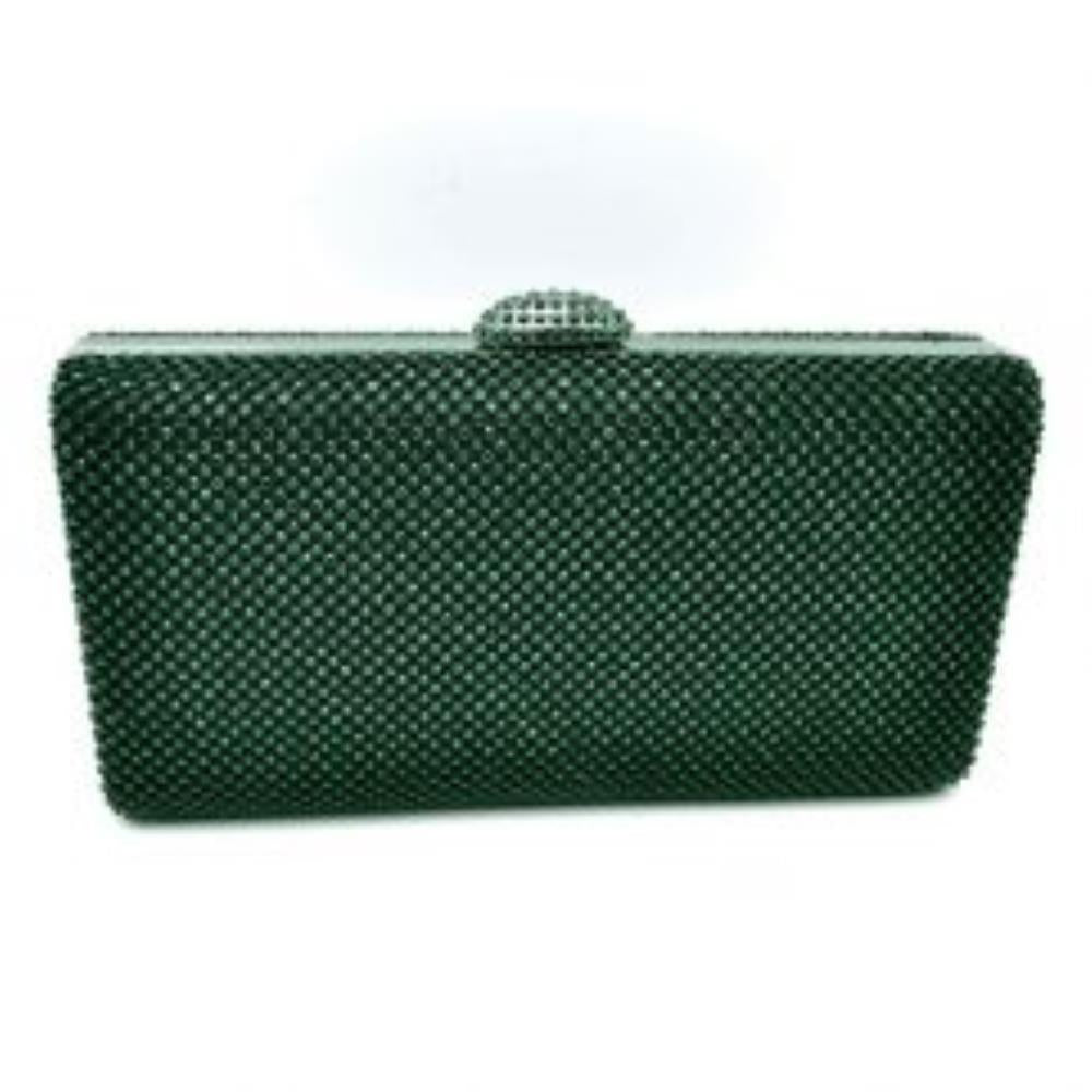 Dark-green This sleek, hard-shell box clutch features a uniformly patterned exterior covered in small, shimmering circular studs that add a refined texture for everyday use and social outings. A smooth metallic frame outlines the top opening, accented by a decorative, jewel-encrusted dome clasp centered along the rim. This structured clasp acts as a functional lift-lock mechanism to open the bag, providing quick access to a compact main storage compartment designed to securely hold essential personal belong