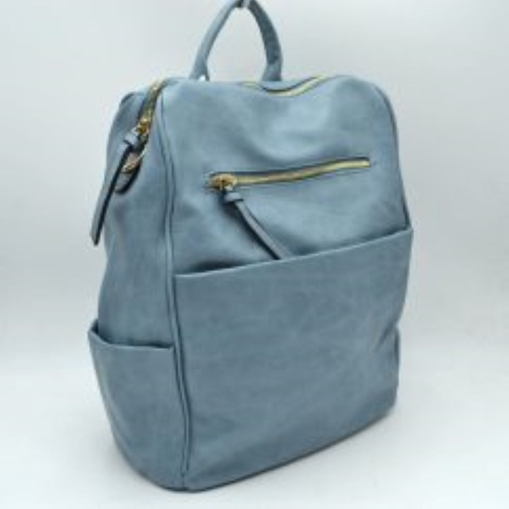 Dark-blue This practical backpack features a textured, subtly grained exterior designed for organized everyday use. It provides multiple functional storage compartments, including a spacious main section accessed via curved top zippers, a horizontal front zippered pocket with an elongated pull tab, and a deep slip pocket underneath. A side open pouch offers additional quick-access storage along the lower edge. The design is completed by a sturdy top loop handle for convenient hand carrying