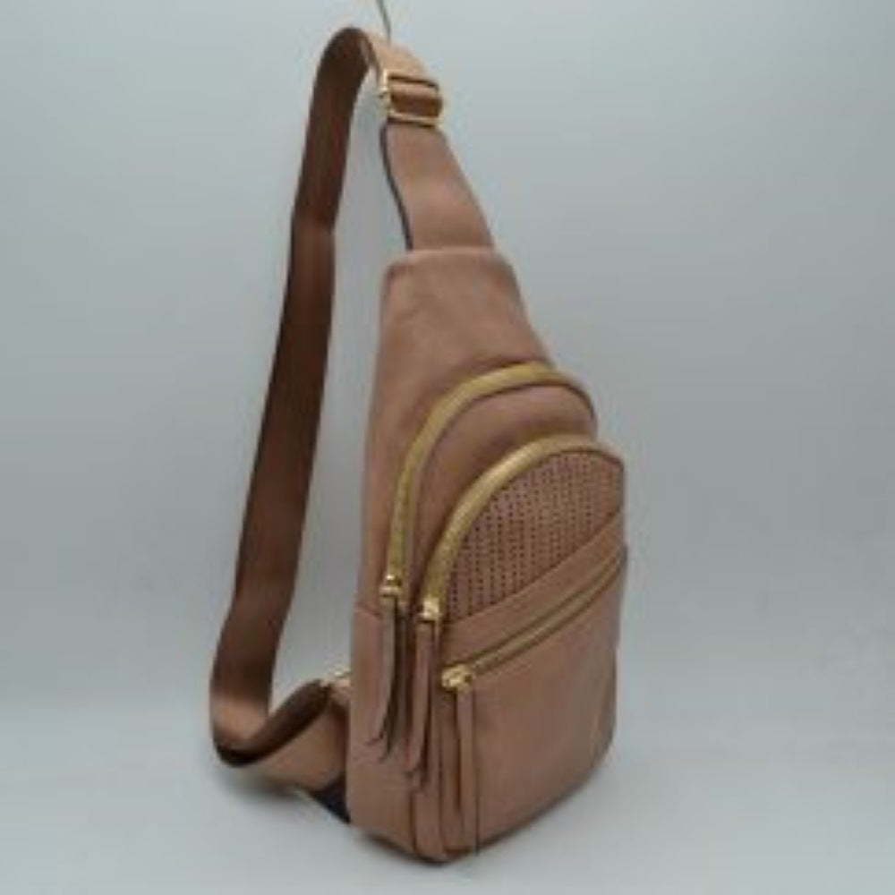 Dark This versatile sling bag features an asymmetric silhouette decorated with an arched, perforated pattern on the front panel, making it suitable for everyday use. It offers multiple organized storage compartments, including a main curved section, a mid-sized front zippered pouch, and a smaller diagonal zippered pocket near the base, all equipped with elongated pull tabs. Designed for convenience, the bag is completed with a single wide