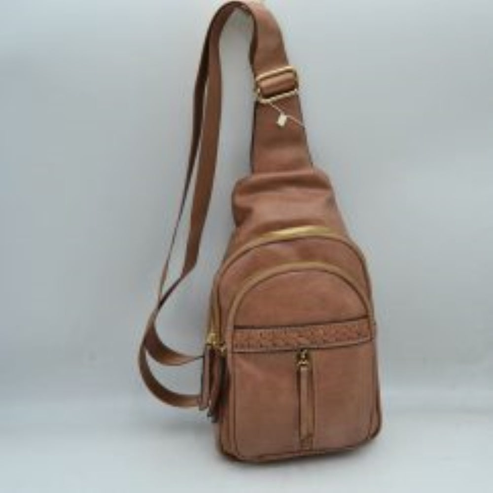 Dark blush This versatile sling bag features a textured, subtly crinkled exterior with an asymmetric, tiered silhouette ideal for active everyday use. It offers multiple organized storage compartments, including a spacious curved main section, an intermediate arched pouch, and a front pocket highlighted by a horizontal woven, braided strip detail above a vertical zipper track. The bag is completed by a single wide fabric shoulder strap