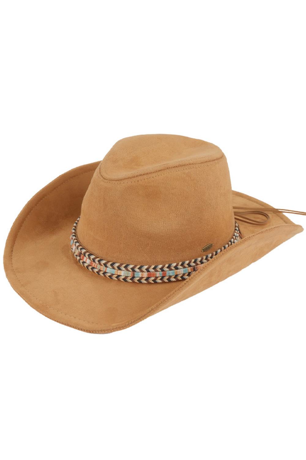Dark Camel Discover the perfect blend of style and comfort with this C.C Multi Thread Trim Suede Cowboy Hat. Crafted from 100% polyester, this versatile rancher delivers a soft, suede-like feel in classic colors including black, camel, gray, and red. The flexible design transitions seamlessly from traditional cowboy to modern fedora styling.
