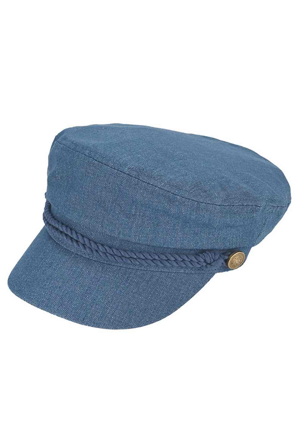 Dark Denim Classic cotton fishing cap with timeless appeal. Crafted from 100% cotton for breathability and comfort, this solid-color cap features decorative rope detailing with button accents for a refined look. The structured design includes a 2" brim for sun protection, fitting most head sizes at 22.5–23" circumference. Perfect for outdoor adventures, casual wear, or everyday style.