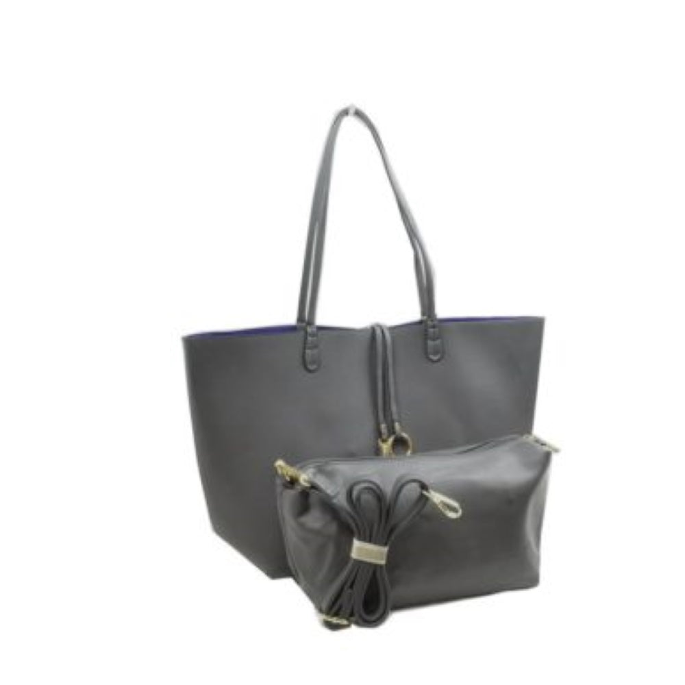 Dark-Gray This classic tote bag features a smooth exterior finish with a timeless trapeze silhouette, offering an elegant look for everyday use. Designed with an open top for quick access, the spacious main compartment provides ample storage space for daily essentials. Dual slim shoulder handles are securely stitched to the upper panels, while a decorative central drawstring tie accents the front, complete with a metallic ring and matching tab accent for a polished touch.
