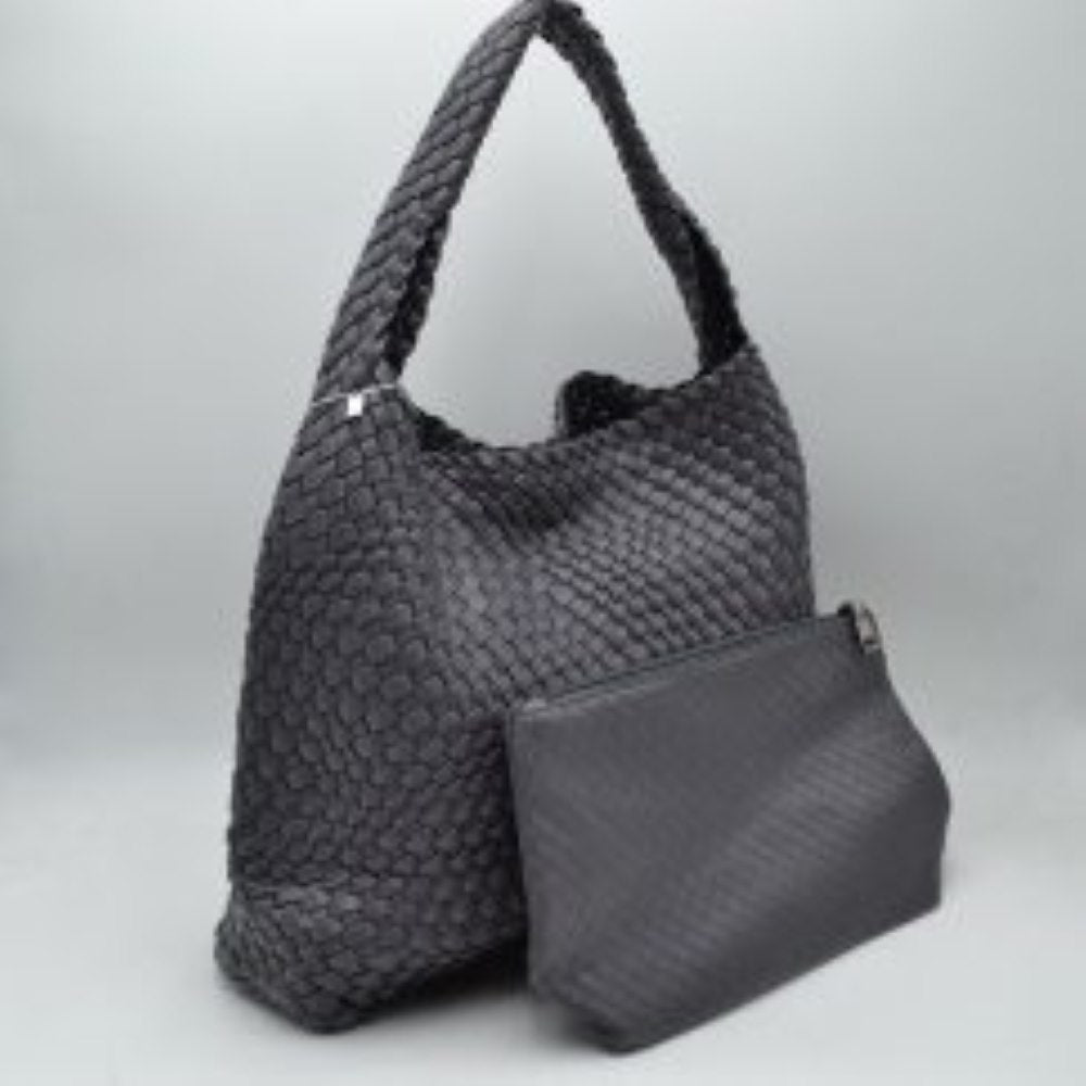 Dark gray This chic, slouchy shoulder bag features an intricate basket-weave design in a creamy off-white tone, offering a highly textured and relaxed silhouette for stylish everyday use. It is crafted with an integrated wide, woven top handle that extends seamlessly from the main body panels for comfortable over-the-shoulder carrying. The spacious open-top main compartment provides effortless access to your items and comes complete with a matching