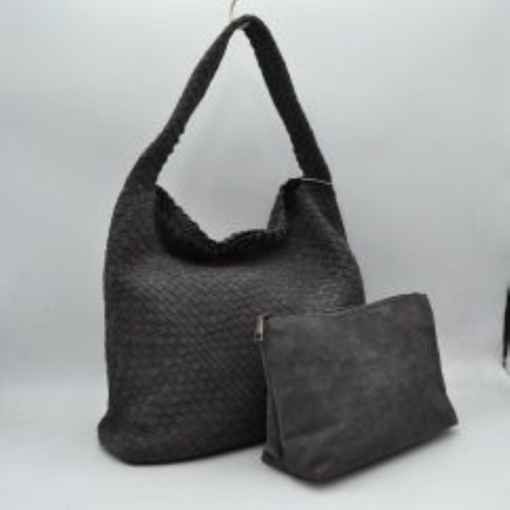 Dark-gray This relaxed, slouchy shoulder bag showcases a beautifully textured, fully woven exterior in a classic checkerboard style. It is designed with a spacious, scooped hobo silhouette that naturally molds to the body for comfortable daily wear. The wide, integrated shoulder strap extends seamlessly from the side panels, ensuring durable carrying capacity while maintaining a clean, hardware-free aesthetic suitable for both casual and smart-casual ensembles.
