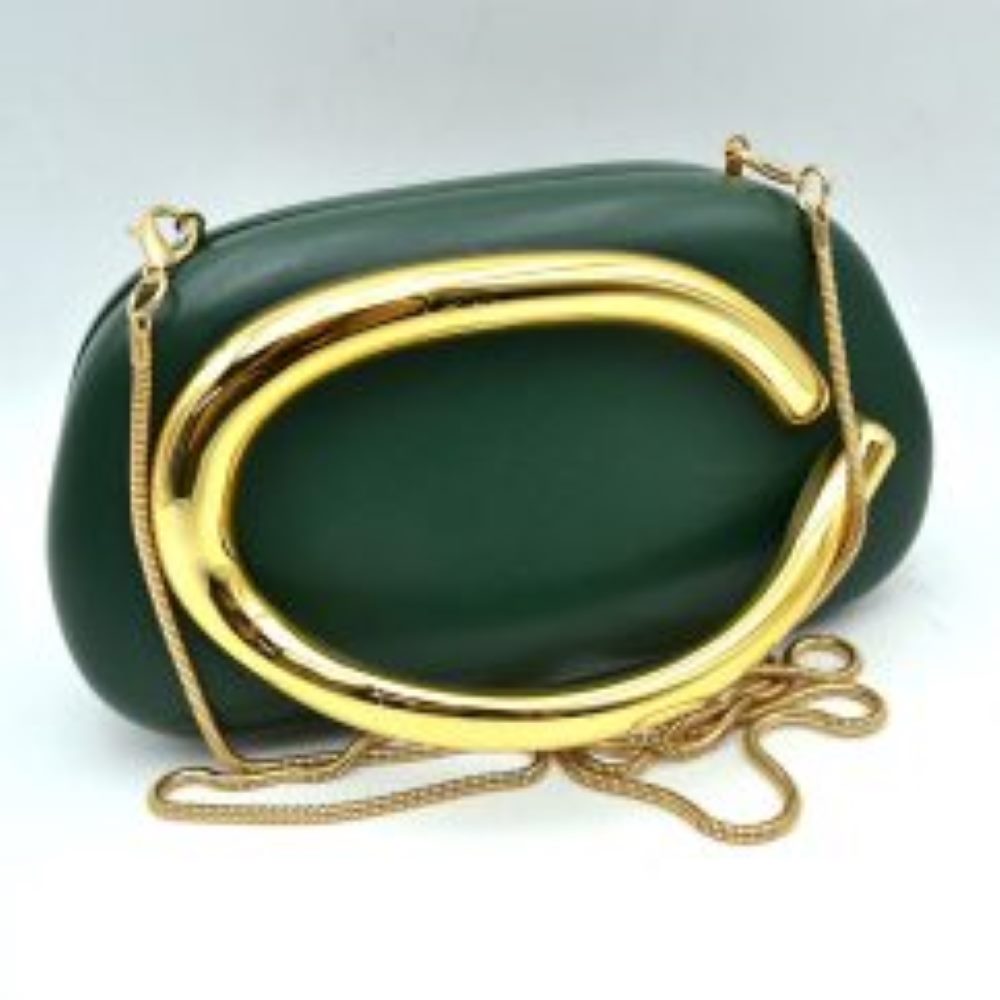 Dark-green This structured, hard shell clutch bag functions as an elegant accessory for everyday use or special occasions, featuring a smooth matte surface. A large, prominent metallic ring handle anchors the front design, offering a secure hand-held grip. For alternative carrying styles, the bag is equipped with a detachable metallic snake chain strap that secures to the top corners with lobster claw clasps, providing functional storage in a compact, rigid silhouette.