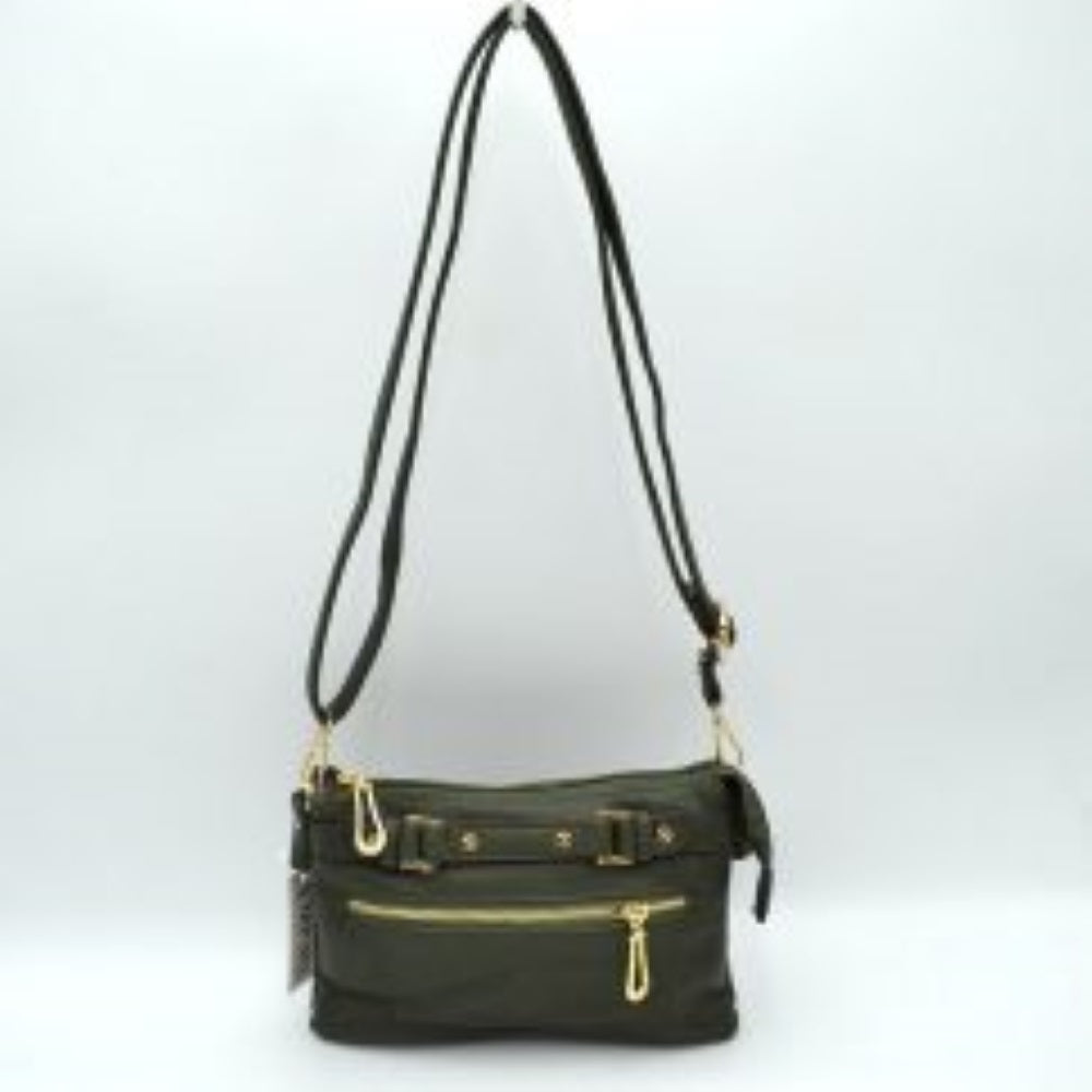 Dark-Green This functional crossbody bag is designed for organized everyday use, featuring a textured exterior equipped with multiple secure storage compartments. The front panel includes a convenient horizontal zippered pocket accented with an oversized metallic zipper pull, situated beneath a decorative horizontal band detailed with metallic studs and loops.