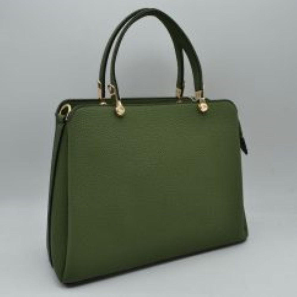 Dark Green This structured handbag is designed for everyday use, featuring dual arched top handles attached with round metallic hardware. The design includes multiple storage compartments to organize your belongings, featuring a central zippered closure alongside separate side compartments.