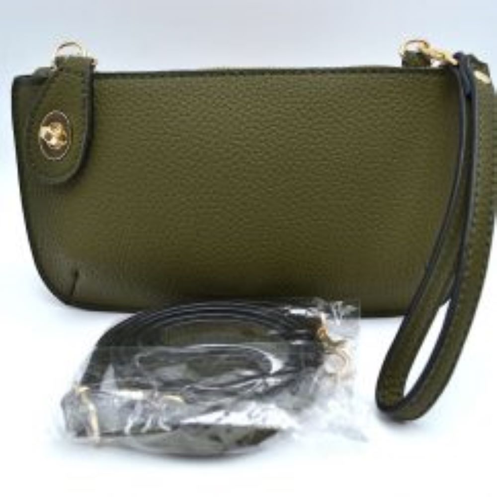 Dark green This versatile everyday bag features a compact pebbled textured body with a slightly curved base silhouette. Designed for organized daily or evening use, the main storage compartment is secured by a top zipper closure and accented with a small decorative metallic turn-lock detail on the side panel. It offers multiple carrying options, equipped with a long, adjustable crossbody shoulder strap and a shorter matching wristlet loop