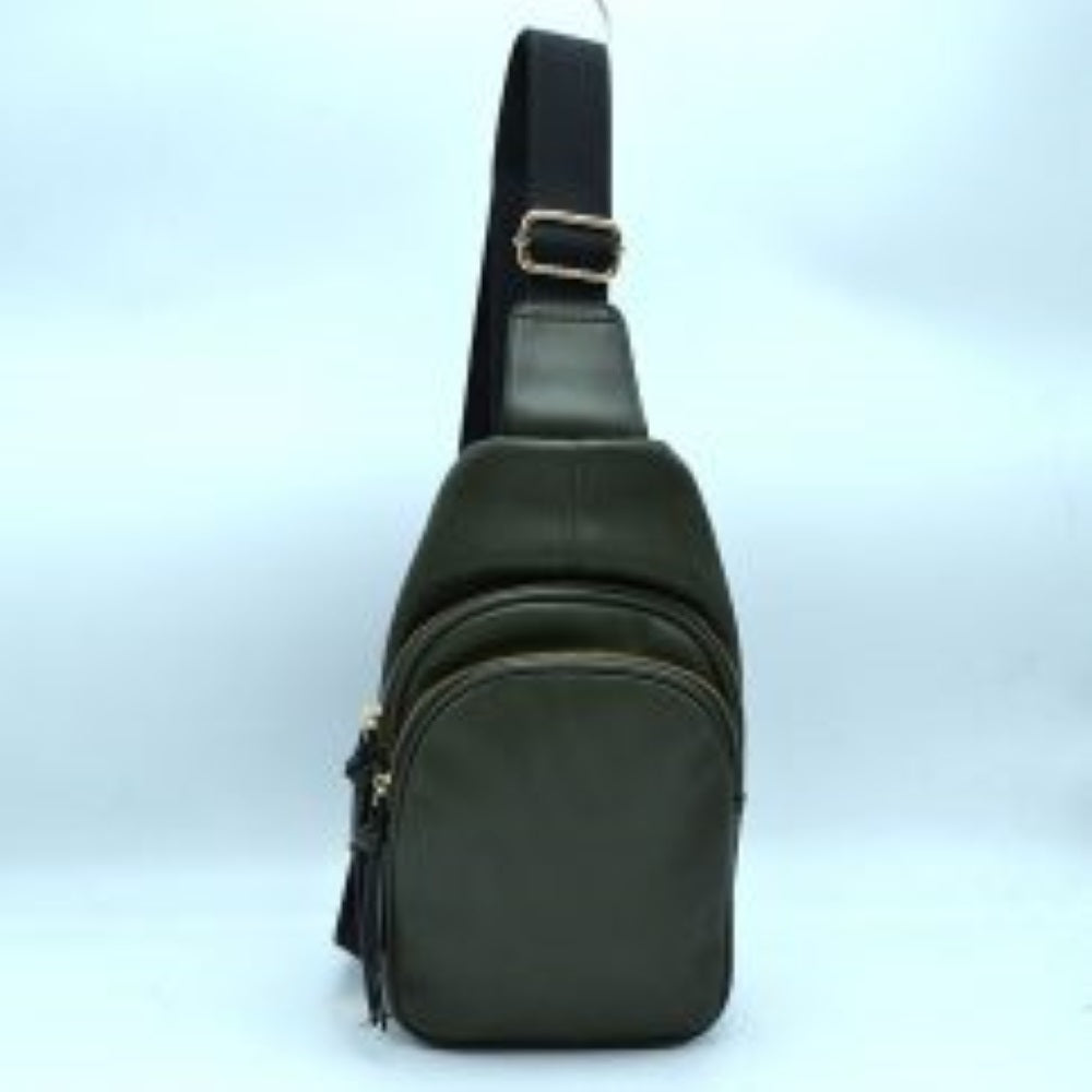 Dark-green This practical sling bag features a textured, finely ribbed exterior w/ a tapered silhouette designed for comfortable everyday use. It offers organized storage compartments, including a curved main zippered section and a matching smaller front zippered pouch, both enhanced by elongated vertical tassel pulls hanging from the sliders. The bag is equipped w/ a single wide fabric shoulder strap attached to a smooth top panel & secured w/ a metallic adjustment buckle to easily customize the carrying 