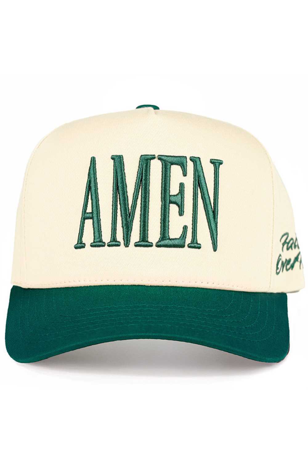 Dark Green Embrace faith over fear with this striking C.C AMEN embroidered trucker hat. Featuring bold two-tone styling and classic snap back closure, it's designed for everyday wear and spiritual expression. Crafted from 100% cotton for breathability and comfort, this one-size-fits-all cap has a 22.5" circumference that adjusts to most head sizes. The structured trucker silhouette offers excellent sun protection and a timeless look. Made in Vietnam with quality construction that lasts. Perfect for those se