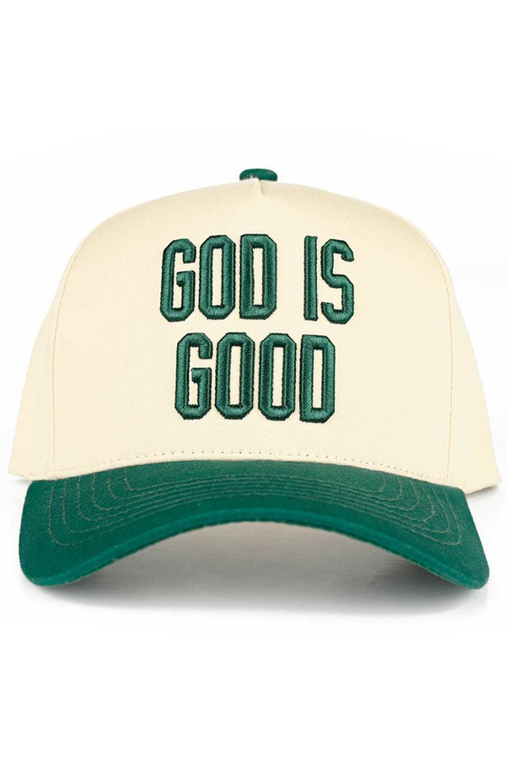Dark Green Elevate your everyday style with this classic two-tone trucker hat featuring "GOD IS GOOD" embroidered lettering. Crafted from 100% cotton for breathability and comfort, this snapback design offers a one-size-fit-all approach with a 22.5" circumference. Perfect for casual outings, outdoor activities, or making a faith-inspired statement. The structured trucker silhouette provides excellent sun protection while maintaining a timeless, versatile look that pairs effortlessly with any wardrobe. Made 