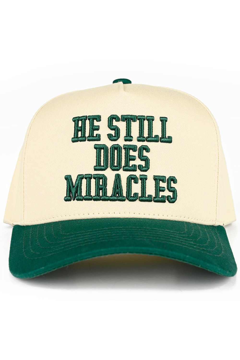 Dark Green C.C HE STILL DOES MIRACLES Embroidered Letter Two Tone Baseball Cap Trucker Hat Snap back closure for adjustable fit. Crafted from 100% cotton for breathability and comfort. Features embroidered lettering on a classic two-tone design. One size fits most with a 22.5" circumference.&nbsp;