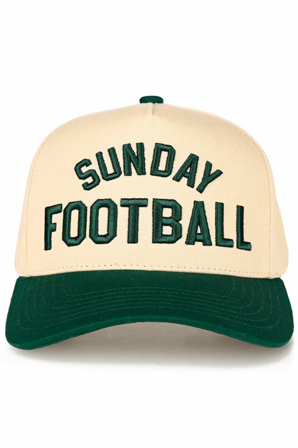 Dark Green C.C SUNDAY FOOTBALL Embroidered Two Tone Baseball Trucker Cap Snapback Celebrate game day in style with this classic trucker cap featuring bold embroidered SUNDAY FOOTBALL branding. The two-tone design combines timeless appeal with modern comfort, perfect for football fans and casual wear alike. Crafted from 100% cotton for breathability and durability. The adjustable snapback closure ensures a comfortable fit for most head sizes, with a circumference of 22.5". Made in Vietnam with quality constr