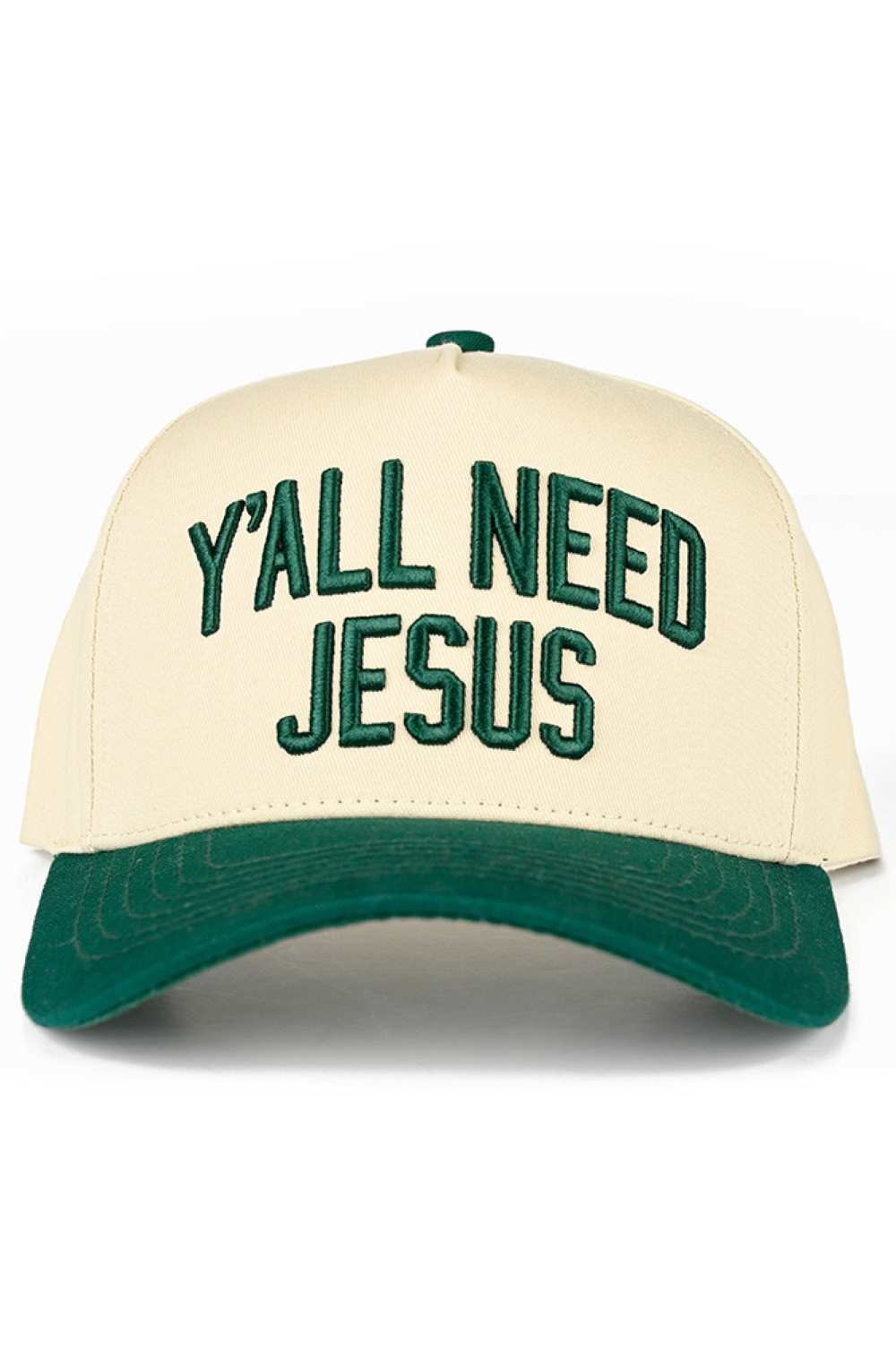 Dark Green C.C Y'ALL NEED JESUS Embroidered Letter Two Tone Baseball Cap Trucker Hat Classic trucker style with bold embroidered messaging and contrasting two-tone design. Snapback closure for adjustable, one-size-fits-most comfort. Crafted from 100% cotton for breathability and durability. Circumference measures 22.5" for a relaxed fit. Made in Vietnam. Perfect for everyday wear or making a statement. Lightweight and versatile pairs with casual outfits effortlessly.