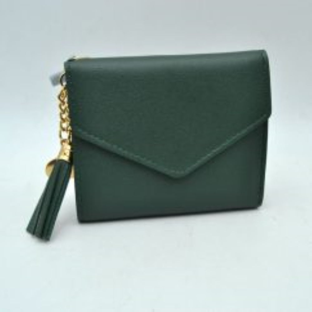 Dark Green This compact wallet features a classic envelope-style design with a distinctive V-shaped front flap and clean perimeter stitching, making it a stylish choice for everyday use. Designed to offer a streamlined storage solution for essential items, it maintains a sleek, structured silhouette that easily fits into larger bags or pockets. A decorative tassel charm with a metallic cap is attached to the side hardware, adding a functional and eye-catching accent to the understated design.