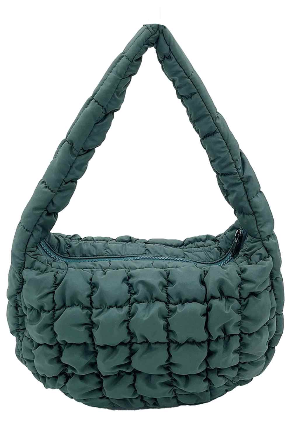 Dark Green Compact quilted bag crafted from durable 100% polyester with a timeless solid design. Measuring 8.7" x 11.8" x 3.15", it's the perfect size for everyday essentials, travel accessories, or as a versatile organizer. The quilted texture adds visual interest and subtle structure. Ideal for on-the-go convenience with a sleek, minimalist aesthetic that pairs effortlessly with any outfit.