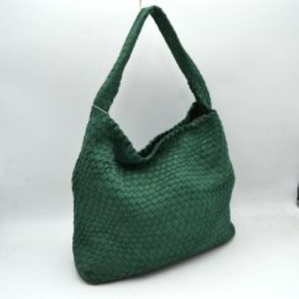 Dark-green This relaxed, slouchy shoulder bag showcases a beautifully textured, fully woven exterior in a classic checkerboard style. It is designed with a spacious, scooped hobo silhouette that naturally molds to the body for comfortable daily wear. The wide, integrated shoulder strap extends seamlessly from the side panels, ensuring durable carrying capacity while maintaining a clean, hardware-free aesthetic suitable for both casual and smart-casual ensembles.
