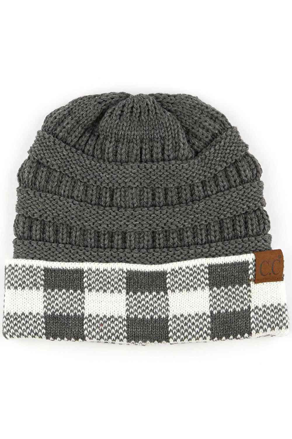 Dark Grey Upgrade your cold-weather style with the C.C Buffalo Check Cuff Knit Beanie. This classic beanie features a distinctive buffalo check pattern cuff that brings timeless appeal to any winter look.