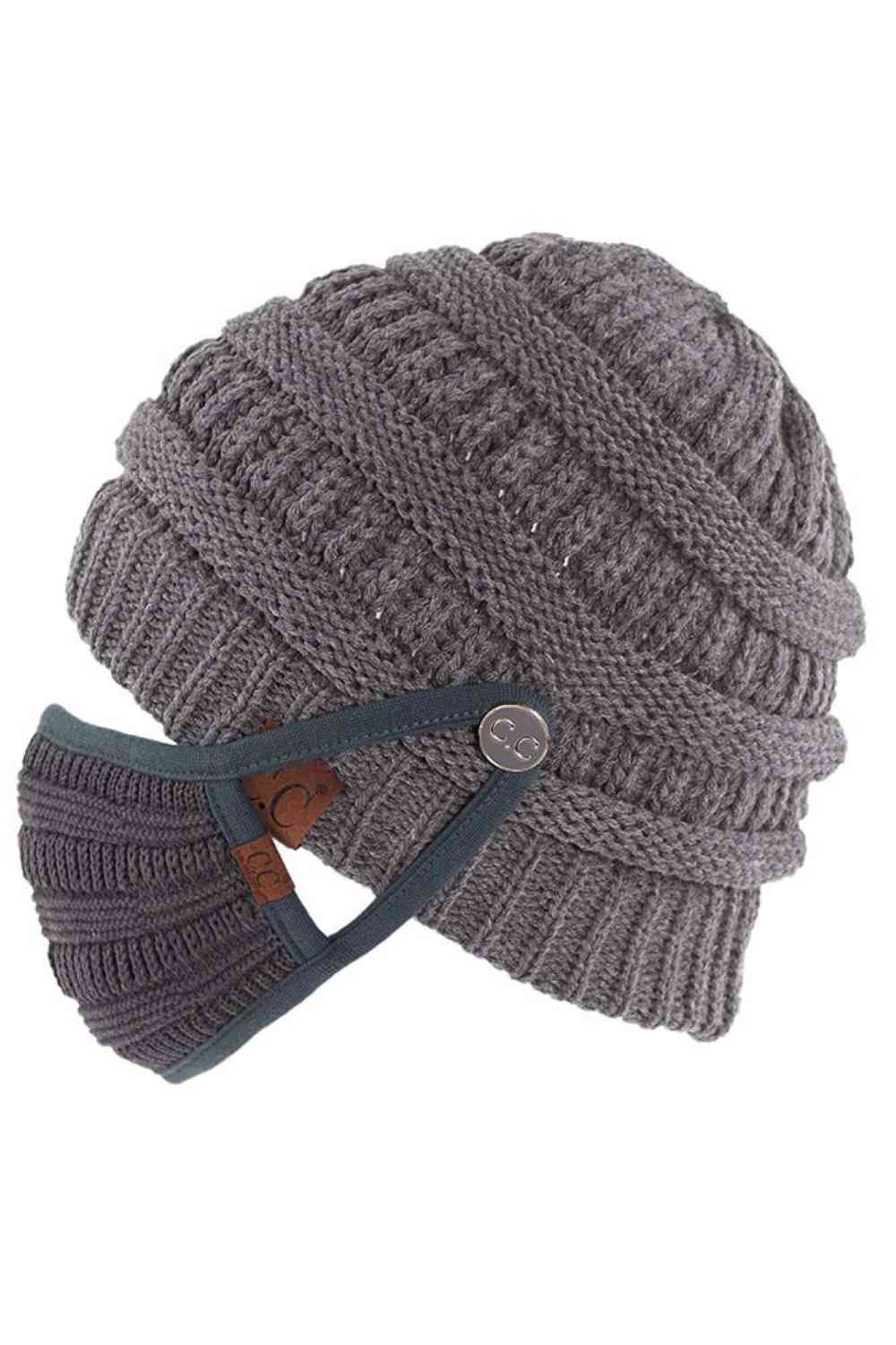 Dark Gray Stay warm and functional with this C.C Ribbed Knit Beanie featuring a convenient button attachment for your mask. Crafted from 100% acrylic, this lightweight beanie offers soft comfort and durability for everyday wear.