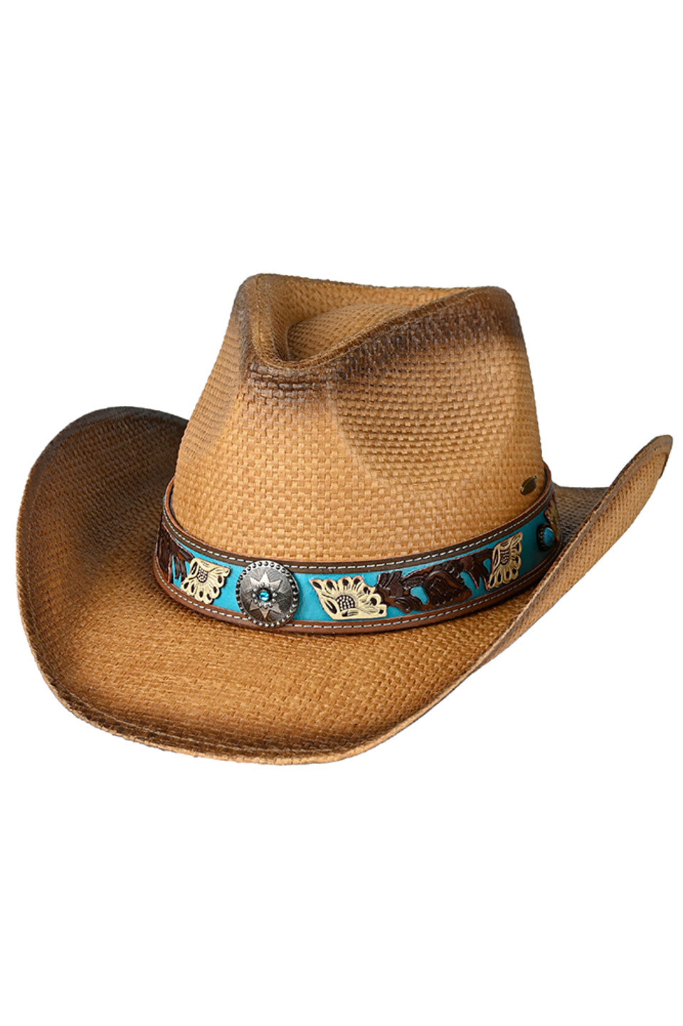 Dark natural C.C. Vegan Leather Tea-Stained Cowboy Hat features high-quality vegan leather with a distinctive tea-stained patina that replicates the appearance of aged authentic leather. The precision-crafted crown maintains structural integrity while the brim offers customizable shaping to suit individual preferences. Ethically produced without animal derivatives, this hat delivers the classic Western aesthetic with superior durability and environmental consciousness.