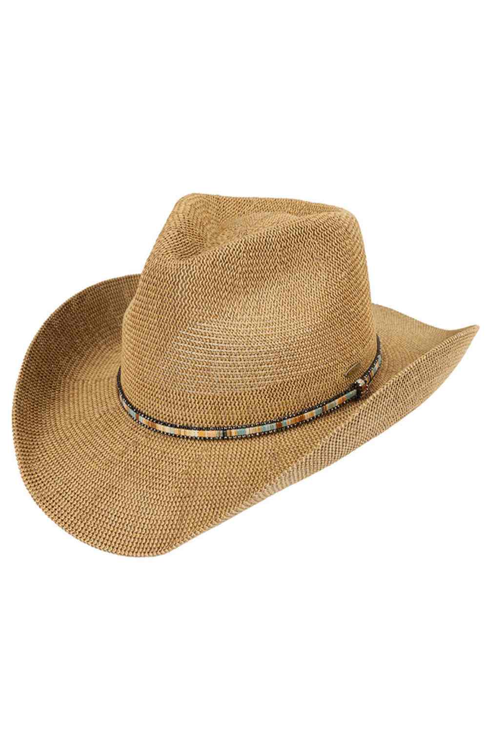 Dark Natural Elevate your western style with this C.C Multi Colored Trim Band Knitted Cowboy Hat. Crafted from a breathable blend of 60% paper and 40% polyester, this one-size hat offers comfort and durability. The vibrant multi-colored trim band adds a pop of personality to any outfit. With a 3.25" brim and 4.5" crown height, it provides excellent sun protection while maintaining that classic cowboy silhouette. Perfect for ranch days, country festivals, or casual everyday wear. Circumference: 22.6".