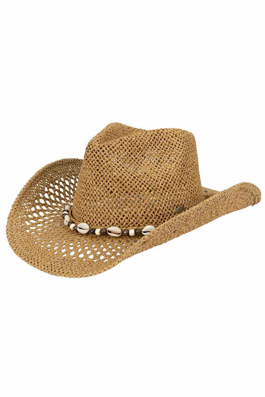 Dark Natural Elevate your summer style with this charming C.C paper cowboy hat, featuring an eye-catching seashell and bead band pattern. Crafted from 100% paper for breathable comfort, it's the perfect lightweight accessory for beach days, festivals, or casual outings. With a 3.5" brim and 4.5" crown height, this one-size hat offers a flattering fit for most. The 22.6" circumference ensures a secure, comfortable wear. Made in China, it's an affordable way to add Western-inspired flair to any warm-weather w
