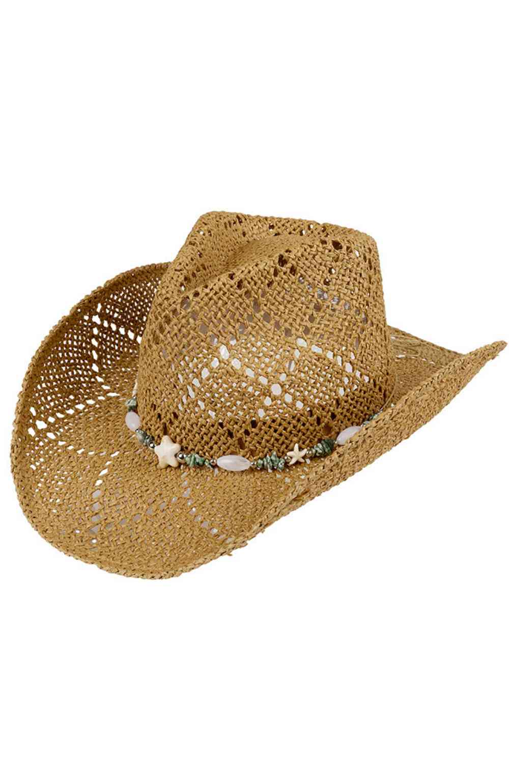 Dark Natural Step into bold Western style with this C.C paper cowboy hat, showcasing an eye-catching starfish and bead band pattern. Made from 100% paper, it's breathable and lightweight—ideal for warm weather adventures. With a 22.6" circumference, 3.5" brim, and 4.5" crown height, this one-size hat delivers comfort and flair. Whether you're heading to a festival, beach day, or casual outing, it's the perfect accessory to elevate your look. Made in China.