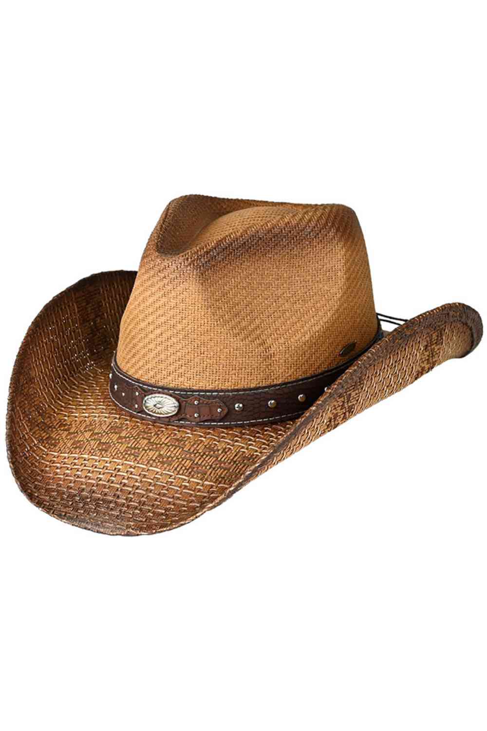 Dark Natural Elevate your Western wardrobe with this C.C Cowboy Hat, featuring a fancy texture design and sophisticated vegan leather trim band. Crafted from 100% paper material, this hat delivers a lightweight yet structured feel perfect for any occasion. The refined trim detailing adds an upscale touch to classic cowboy style. With a comfortable 22.75" circumference and one-size-fits-most design, it's an effortless addition to your accessory collection.&nbsp;