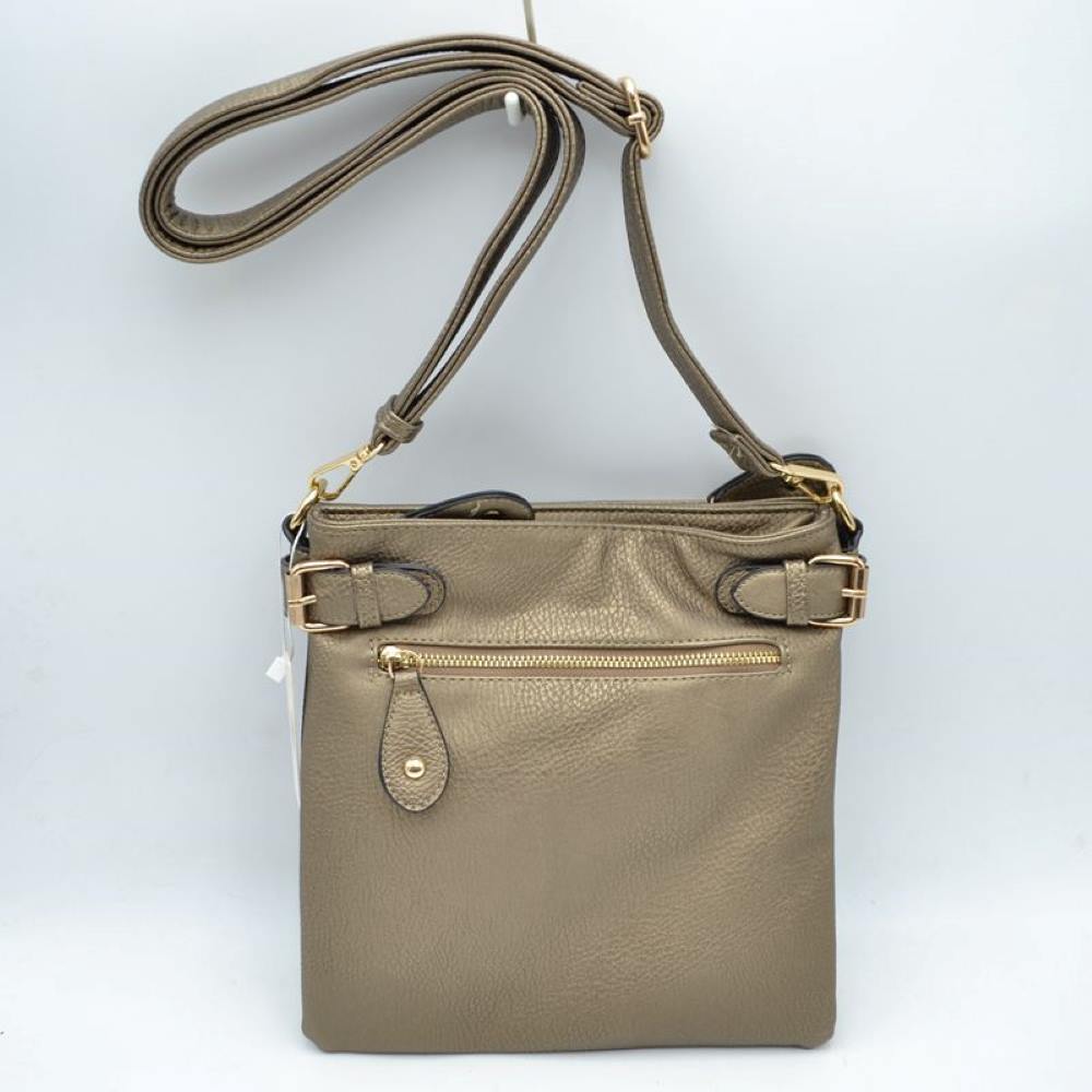 Dark silver This stylish crossbody bag features a textured pebbled finish and a slim rectangular silhouette, making it ideal for organized daily essentials. Designed with functional exterior storage, it includes a front zippered pocket with a teardrop tab pull, complemented by decorative metallic side buckle accents along the top edge. A long, adjustable shoulder strap connects with metallic clasps to offer comfortable, hands-free carrying options.