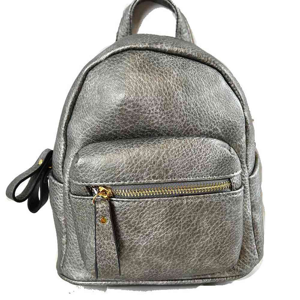 Dark Silve This stylish mini backpack features a compact dome silhouette with a textured finish, ideal for keeping your daily essentials organized on the go. It is designed with a spacious main compartment and a front pouch pocket, both secured by metallic zippers equipped with extended faux leather pull tabs. A top grab handle and side slip pockets add functional convenience, while dual back straps provide comfortable hands-free carrying.