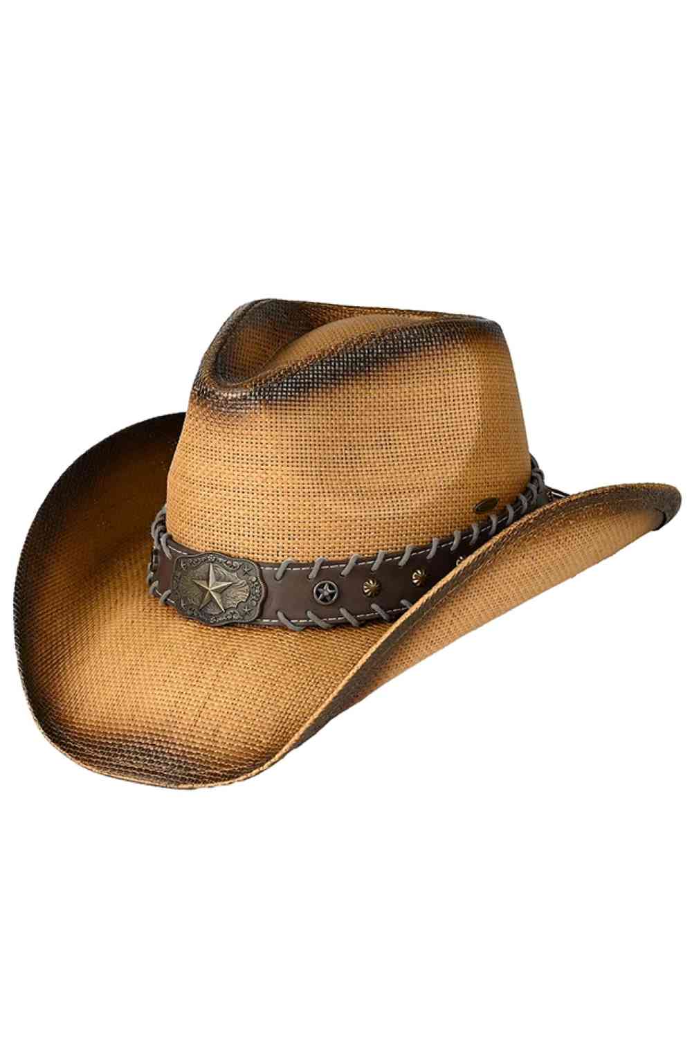 Dark Natural C.C Deco String Vegan Band Tea-Stained Cowboy Hat&nbsp;features a distinctive tea-stained finish that evokes authentic Western heritage. The decorative string band adds refined detail while the vegan construction ensures ethical appeal without compromising style. Crafted with precision for optimal shape retention and comfort during extended wear, making it ideal for both fashion-forward occasions and practical outdoor use.