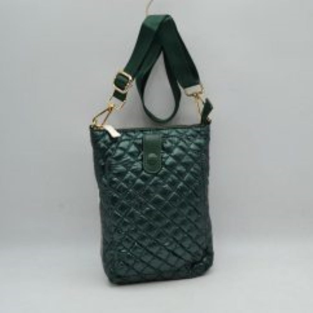Dark green This functional vertical crossbody pouch bag is designed for organized everyday use, featuring a classic diamond-quilted exterior texture. The front panel includes a dedicated secondary storage compartment secured by a central vertical tab with a snap button closure for quick access to essentials. A secure top zipper opening keeping the main compartment safe is accented with polished metallic hardware