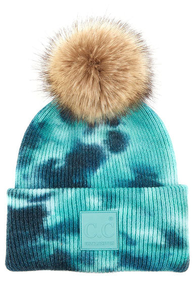 C.C Tie Dye Beanie With Rubber Patch With Natural Fur Pom