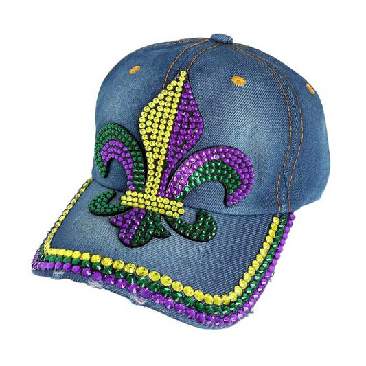 Denim Bing Studded Mardi Gras Fleur de Lis Baseball Cap: an eye-catching piece with a unique Mardi Gras design. Made with stylish studs and a bold Fleur de Lis emblem, this cap is perfect for adding a touch of festive charm to any Mardi Gras outfit. Get ready to celebrate Mardi Gras events in style!
