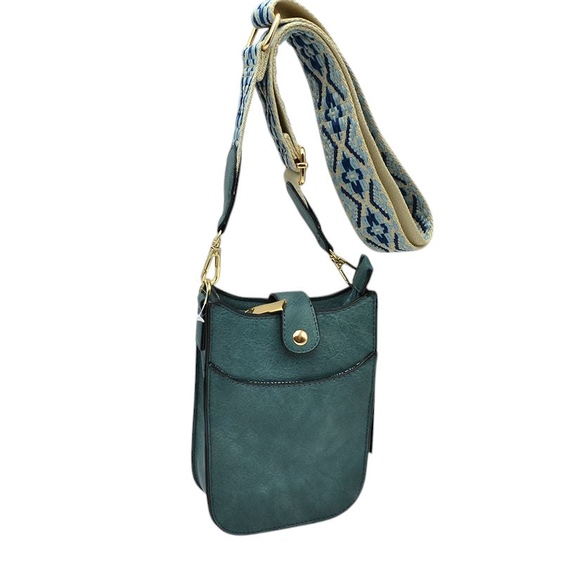 Vegan Leather Crossbody Bag with Adjustable Guitar Straps - Denim Blue - Crossbody Bags