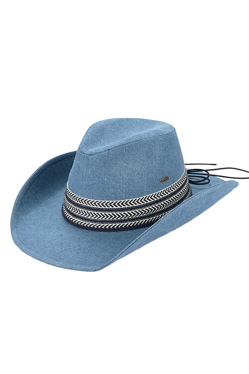 Denim C.C Denim Cowboy Hat With Geometric Trim Bands features stylish geometric trim bands. The durable denim material offers protection from the sun, while the unique geometric design adds a touch of individuality to any outfit. Perfect for adding a touch of western charm to any wardrobe.