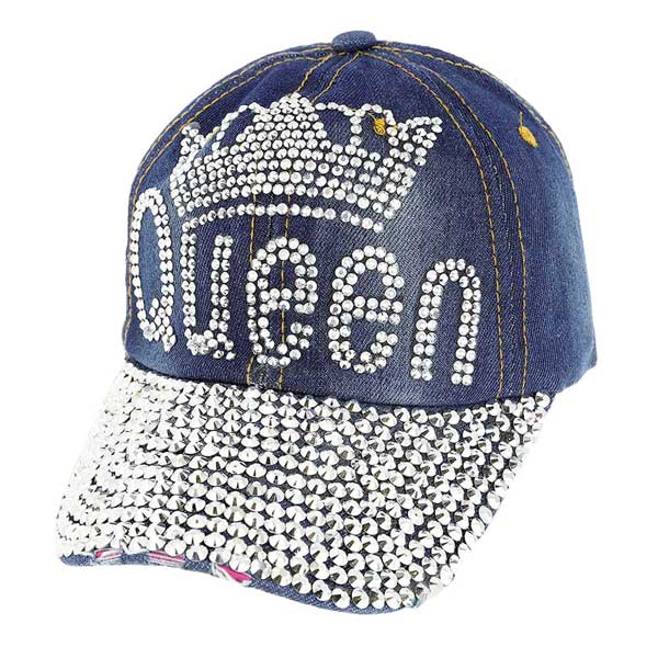 Denim Studden Queen Message Denim Baseball Cap, this stylish blinged stud denim cap is the perfect accessory for any casual outing. Large, comfortable, and perfect for keeping the sun off of your face. Impress everyone with this fun message cap. It looks so pretty and bright in summer. The cap is adjustable, ensuring maximum comfort.
