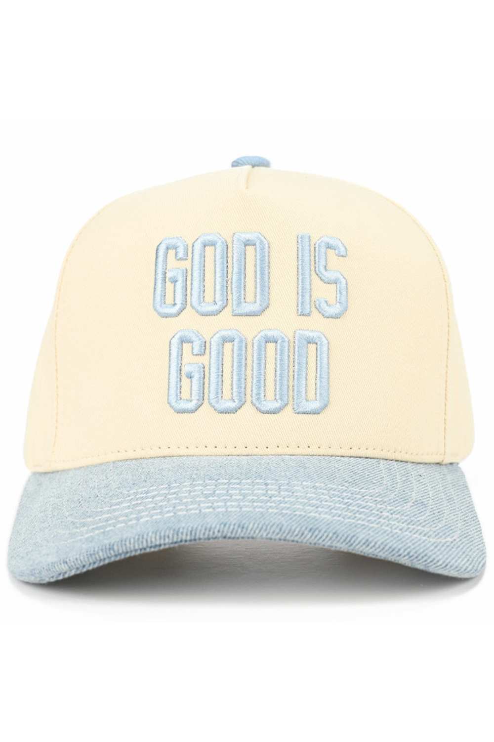 Denim Elevate your everyday style with this classic two-tone trucker hat featuring "GOD IS GOOD" embroidered lettering. Crafted from 100% cotton for breathability and comfort, this snapback design offers a one-size-fit-all approach with a 22.5" circumference. Perfect for casual outings, outdoor activities, or making a faith-inspired statement. The structured trucker silhouette provides excellent sun protection while maintaining a timeless, versatile look that pairs effortlessly with any wardrobe. Made in Vi