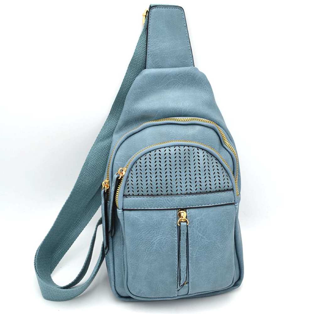 Denim This functional sling bag features a textured, subtly grained exterior with an asymmetric silhouette ideal for active everyday use. It provides multiple organized storage compartments, including a spacious curved main section, an intermediate arched front pocket with a decorative perforated design, and a lower pouch featuring a vertical zipper closure and an elongated pull tab. The design is completed by a single wide