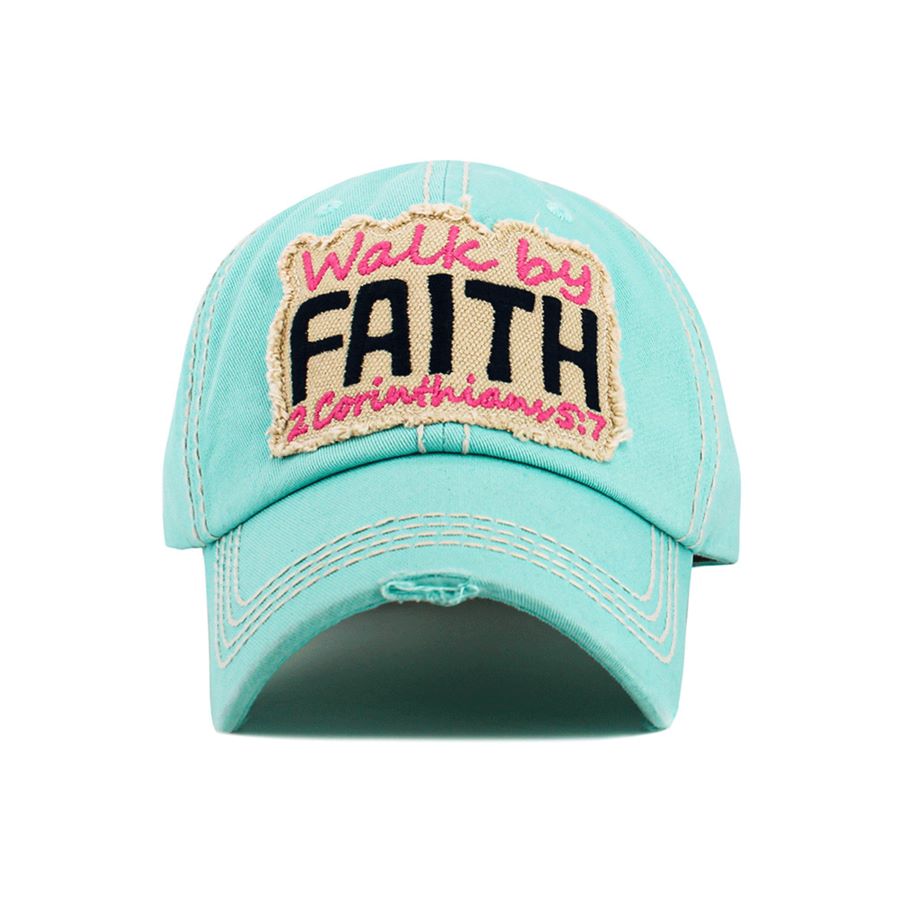 Make a statement with the WALK BY FAITH Washed Vintage Baseball Cap, featuring a timeless distressed look and meaningful message. Soft, broken-in feel with an adjustable fit for everyday wear.