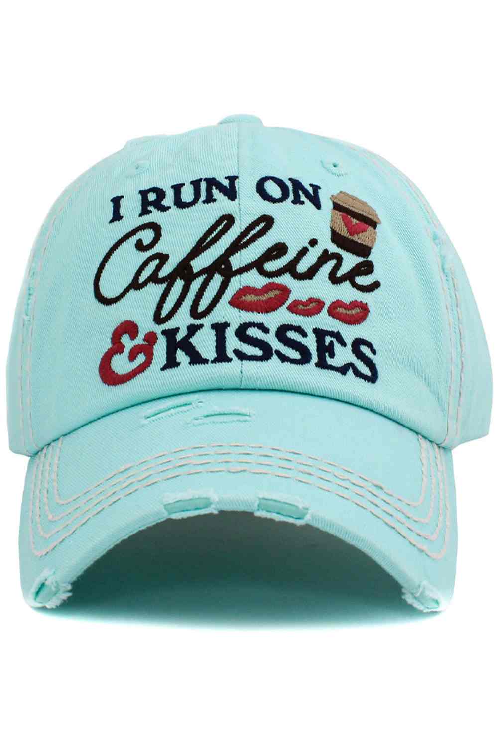 Diamond Blue Fuel your day in style with the I Run on Caffeine vintage distressed cap, featuring a perfectly worn-in look and bold embroidered slogan. Made for comfort and everyday wear, this relaxed-fit cap adds a fun, laid-back vibe to casual outfits, errands, or coffee runs.