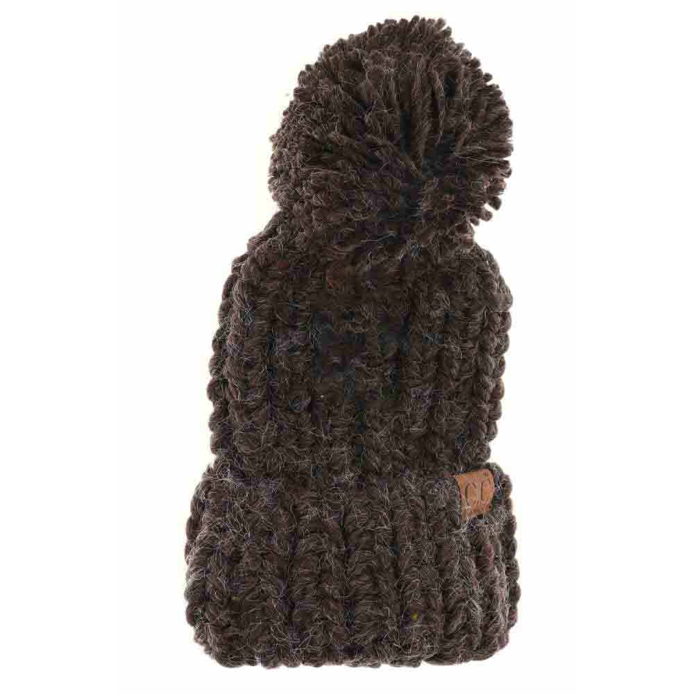 Chunky Knit Yarn Pom C.C Beanie - Dark Chocolate - Beanies
