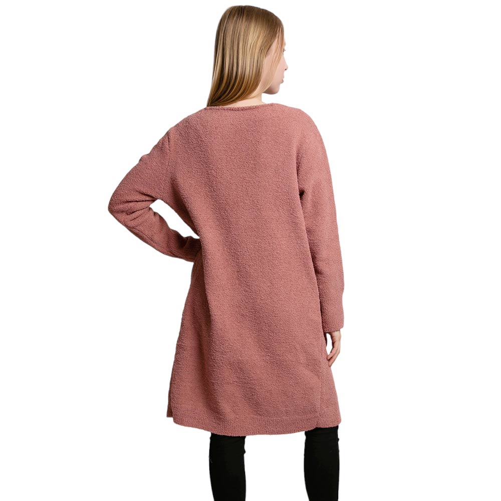 Dust Pink Solid Front Pockets Long Cardigan, delicate, warm, on-trend & fabulous, a luxe addition to any cold-weather ensemble. Great for daily wear in the cold winter to protect you against the infinity-style amps up the glamour with a plush. Perfect Gift for wife, mom, birthday, holiday, etc.