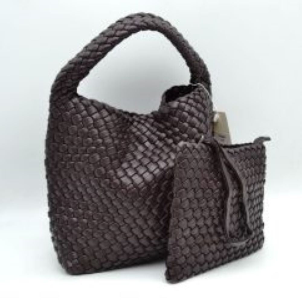 Espresso This stylish everyday hobo bag features an all-over classic basket weave design and a slouchy silhouette. It is crafted with a seamless, integrated wide top handle that transitions directly into the main storage compartment for comfortable hand or shoulder carrying.